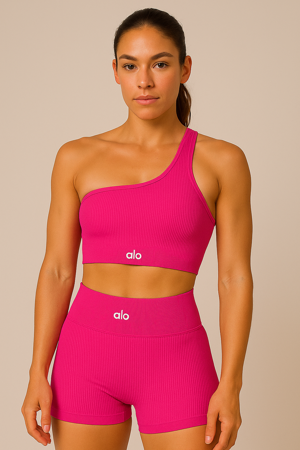 Conjunto Deportivo Rosa Fucsia Top Asimétrico y Shorts Alo